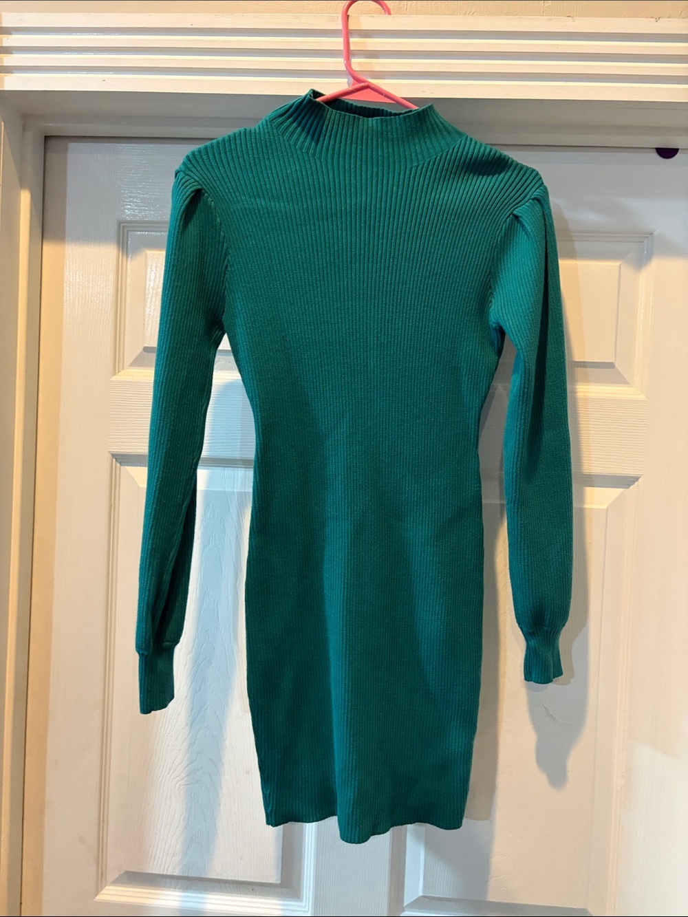 Slim Ribbed Mock-Neck Long Sleeve Dress - Teal Green